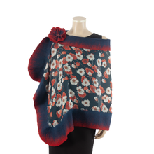 Load image into Gallery viewer, Vibrant red flowers on dark blue shawl #228-17