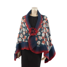Load image into Gallery viewer, Vibrant red flowers on dark blue shawl #228-17