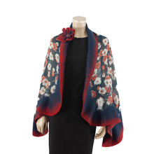 Load image into Gallery viewer, Vibrant red flowers on dark blue shawl #228-17
