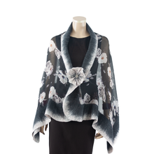 Load image into Gallery viewer, Vibrant white flowers black shawl #228-28