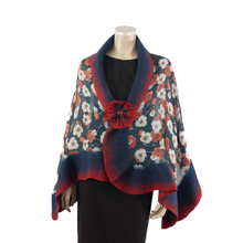 Load image into Gallery viewer, Vibrant red flowers on dark blue shawl #210-17
