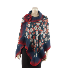 Charger l&#39;image dans la galerie, Vibrant red flowers on dark blue shawl #210-17
