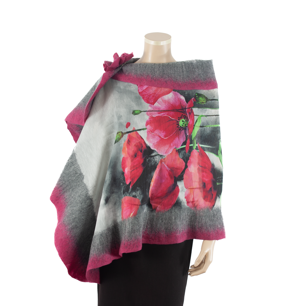 Vibrant grey and pink poppy shawl #210-7