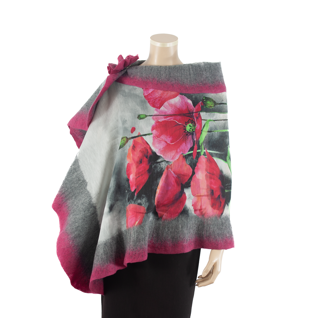 Vibrant grey and pink poppy shawl #218-7