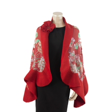 Load image into Gallery viewer, Vibrant pink flowers on red shawl #210-21
