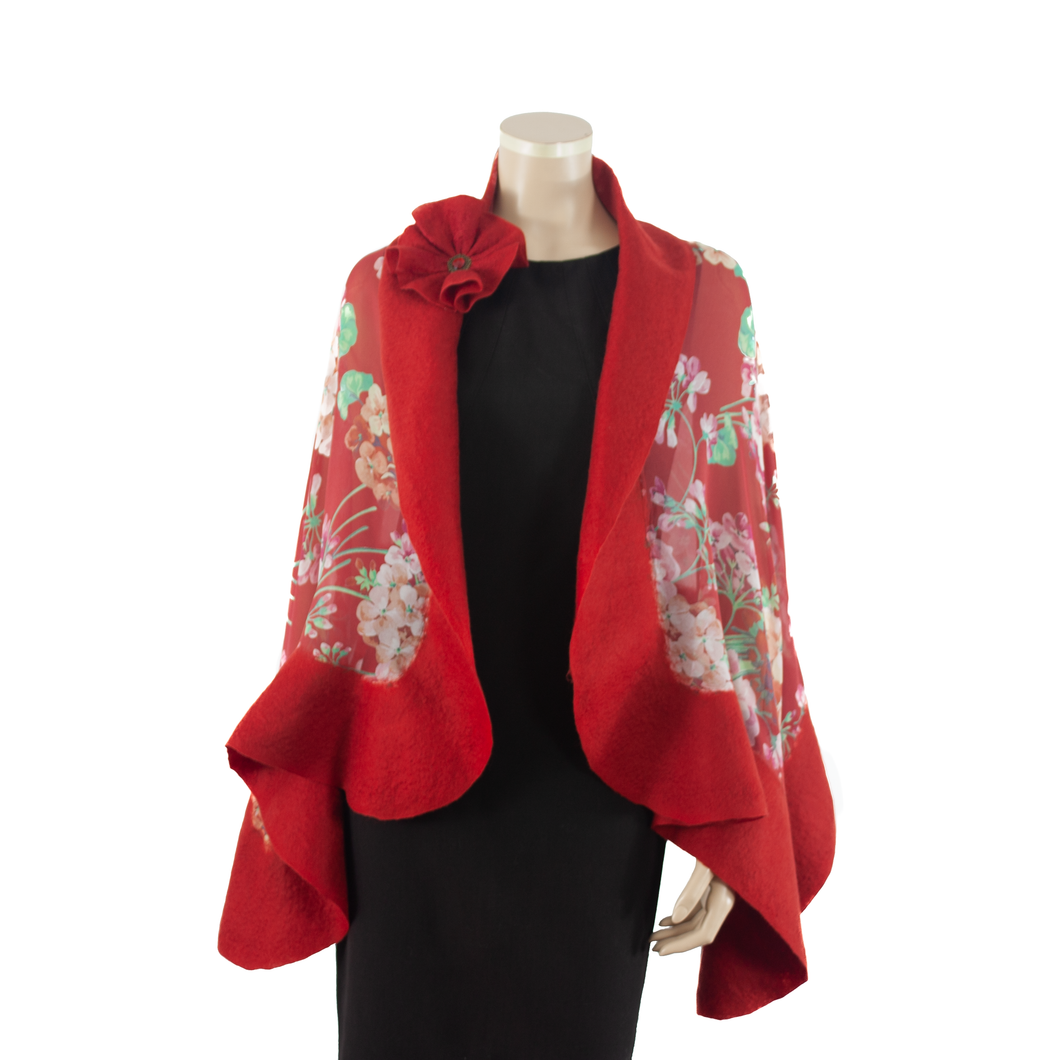 Vibrant pink flowers on red shawl #210-21