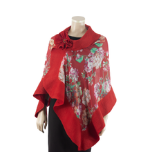 Load image into Gallery viewer, Vibrant pink flowers on red shawl #210-21
