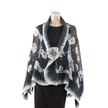 Load image into Gallery viewer, Vibrant white flowers black  shawl #210-28
