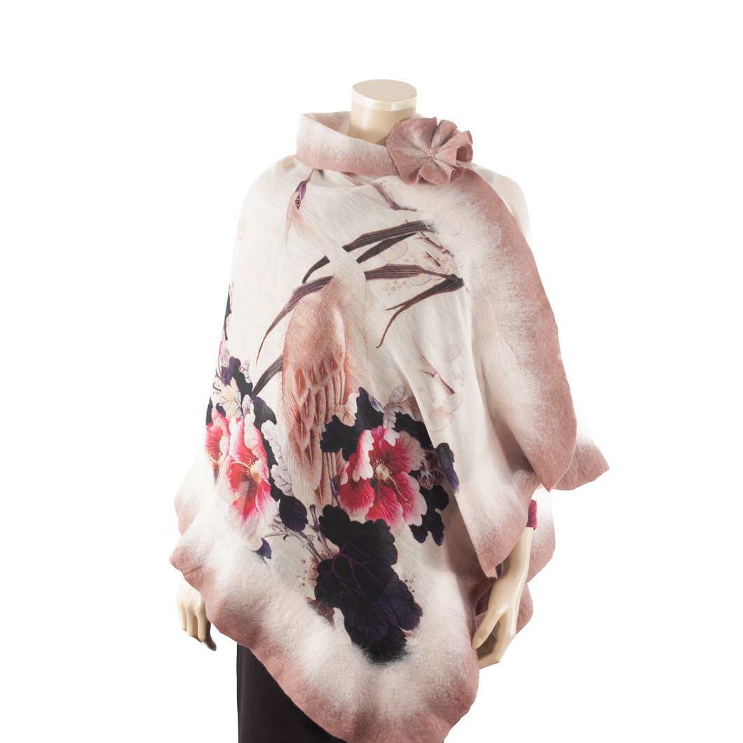 Vibrant stork bird beige shawl #210-2