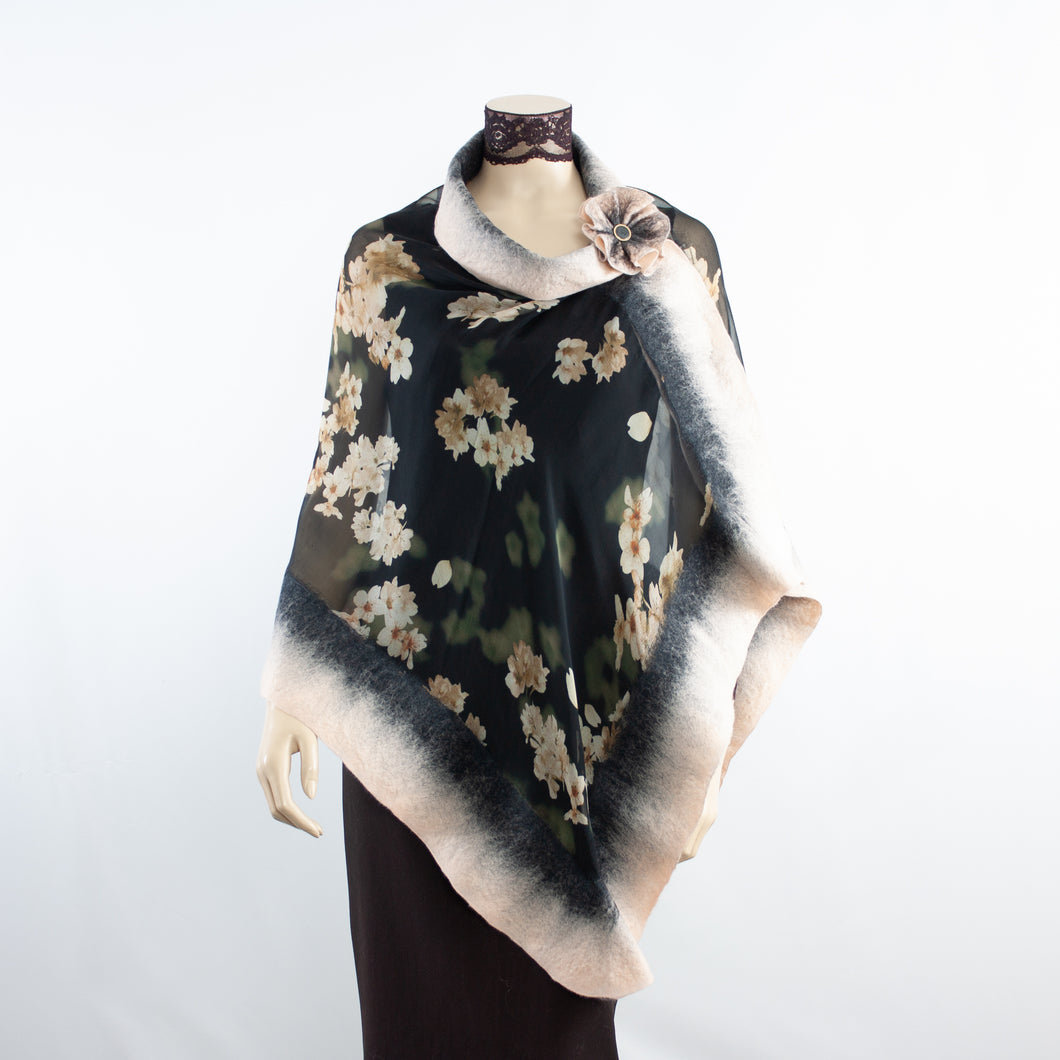 Vibrant  flowers on black shawl #228-21