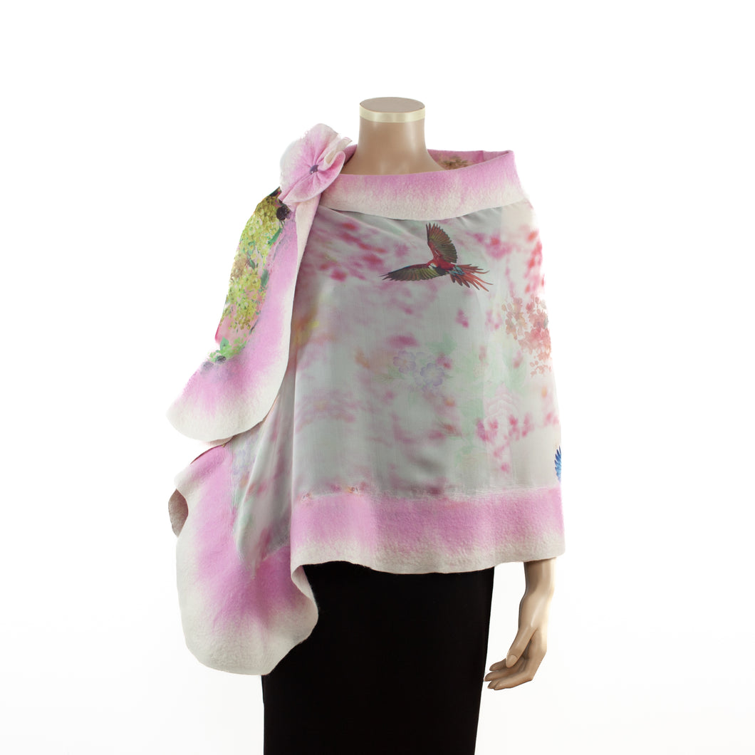 Vibrant pink flowers and birds shawl #218-11