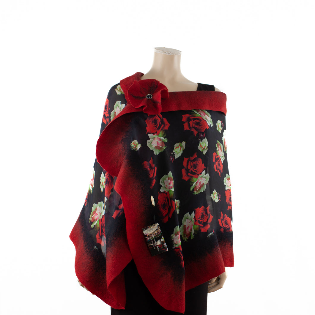 Vibrant black and red flowers shawl #210-3