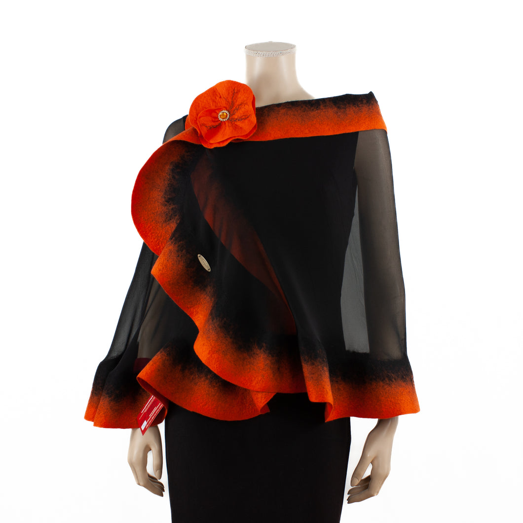 Premium black and orange silk shawl #230-16